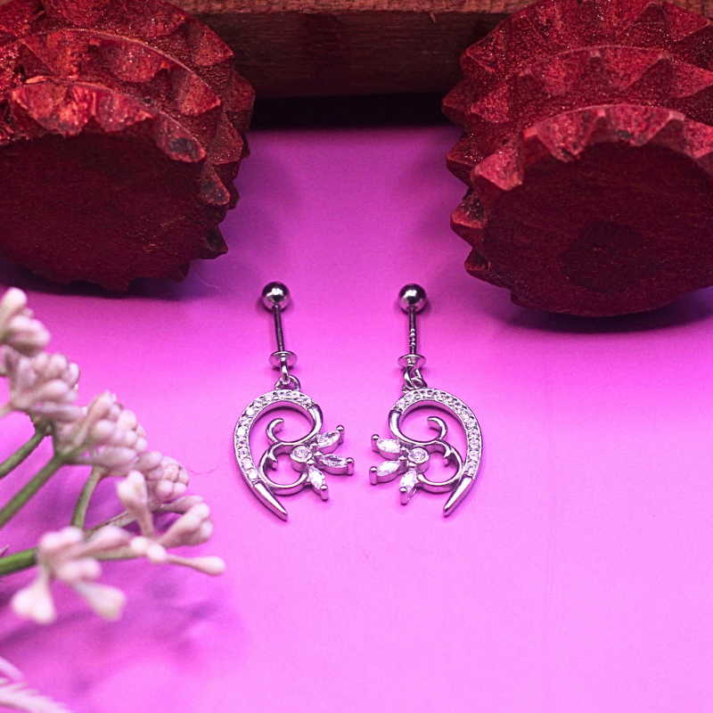 Elegant 925 Silver floral CZ Drop bugdi